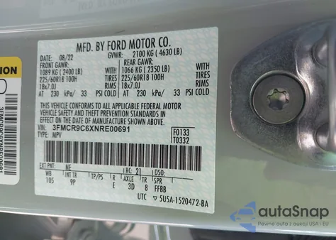 2022 Ford Bronco Sport Outer Banks z USA, uszkodzony, nr VIN 3FMCR9C6XNRE00691